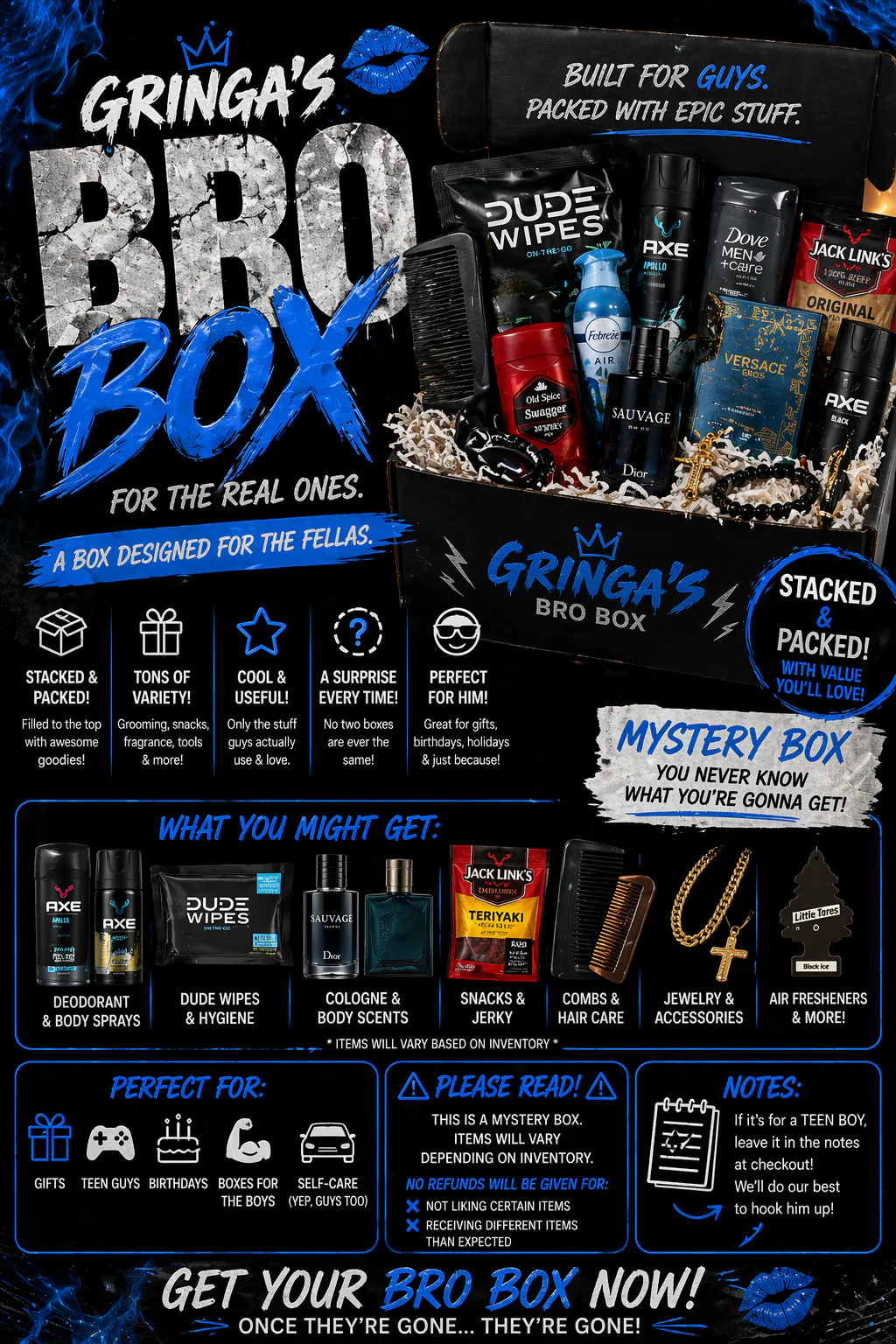 Gringa’s Bro Box 💙🔥 | Men’s Mystery Box | Grooming, Snacks & Essentials (Stacked & Packed)